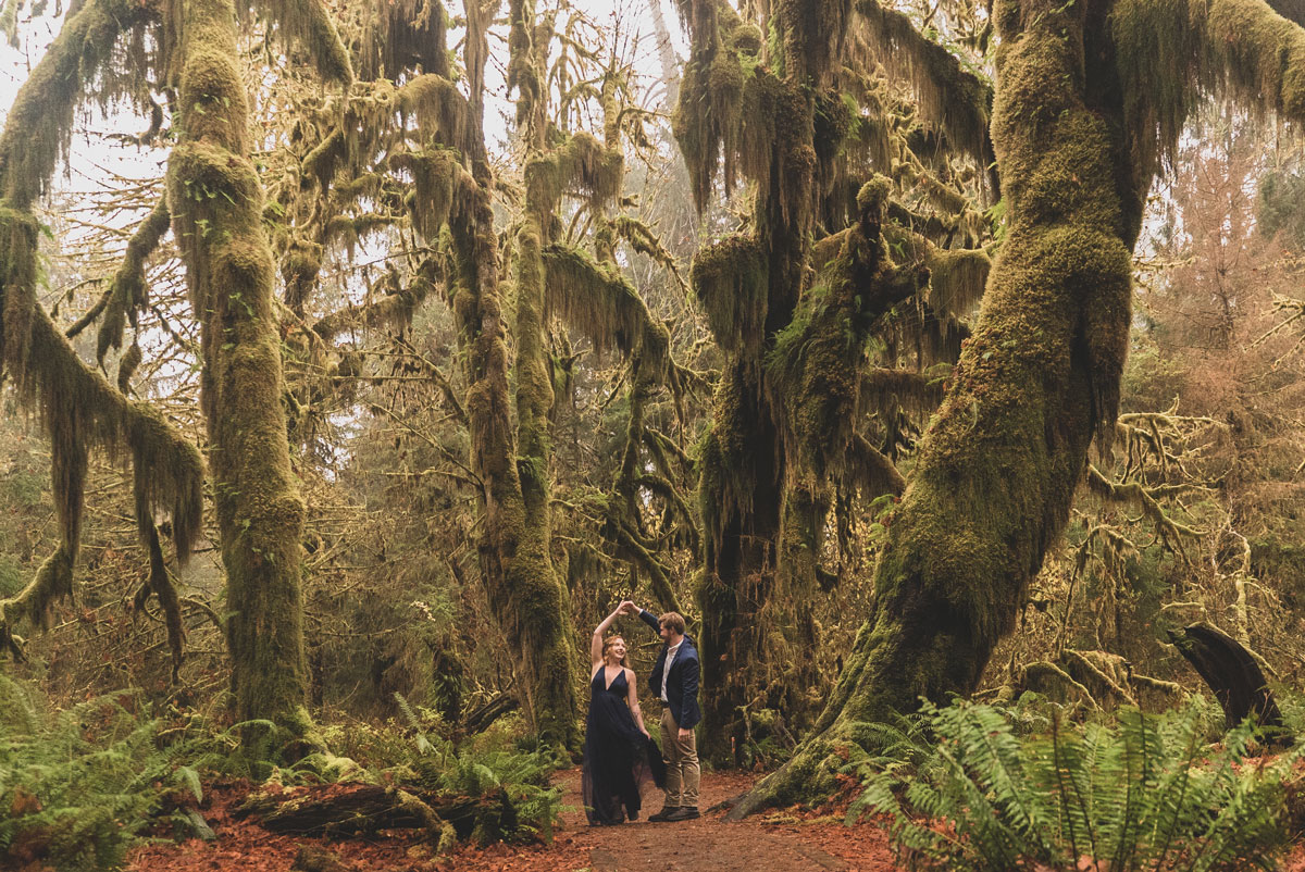 olympic national park hoh rainforest engagement session blue dress moss old growth forest wedding
